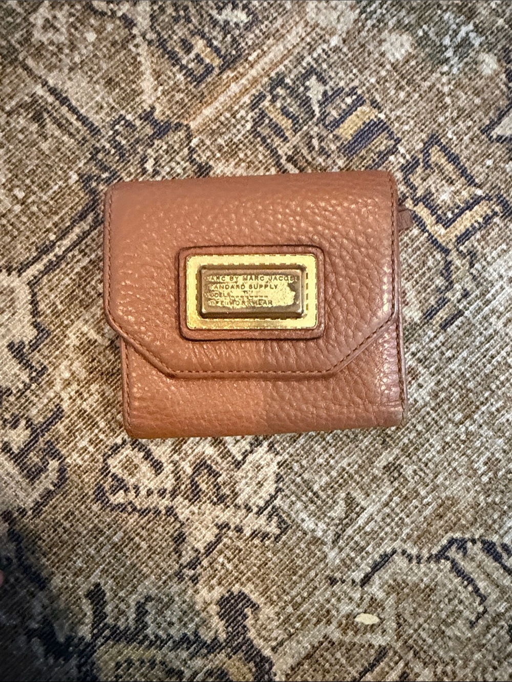 Marc by Marc Jacobs Brown Pebbled Leather Trifold Wallet with Gold Plaque